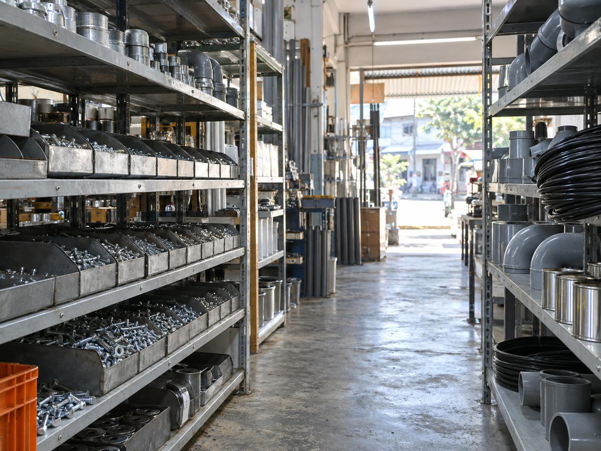 නගරයේ hardware කඩේක ලෝහ රාක්ක සහ ඇණ bins, උදේ එළිය, කියවෙන නම් නැහැ