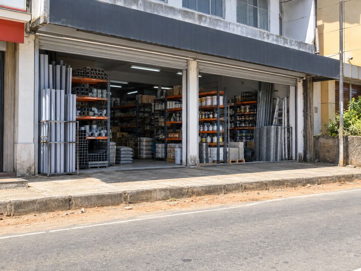 කුරුණෑගල Main Street hardware කඩේ — හිස් ගැල්වනයිස් ලෑලි, උදේ අව්ව