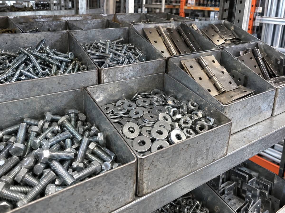 ලෝහ රාක්කයක ඇණ bins සහ හිංගස්, නම් පැත්තට හරවලා