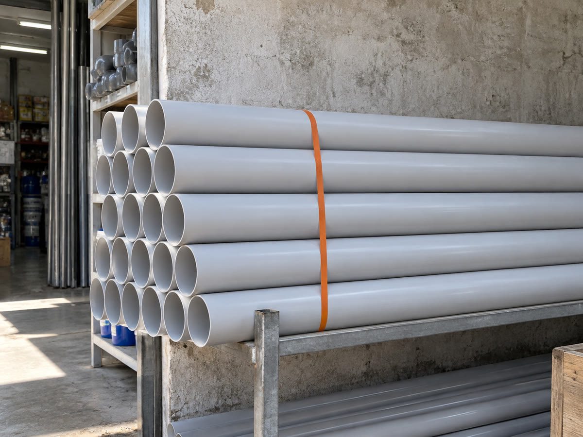 ලා පාට PVC pipes ගොඩක්, තැඹිලි පටියක්, මුද්රිත නම් නැහැ